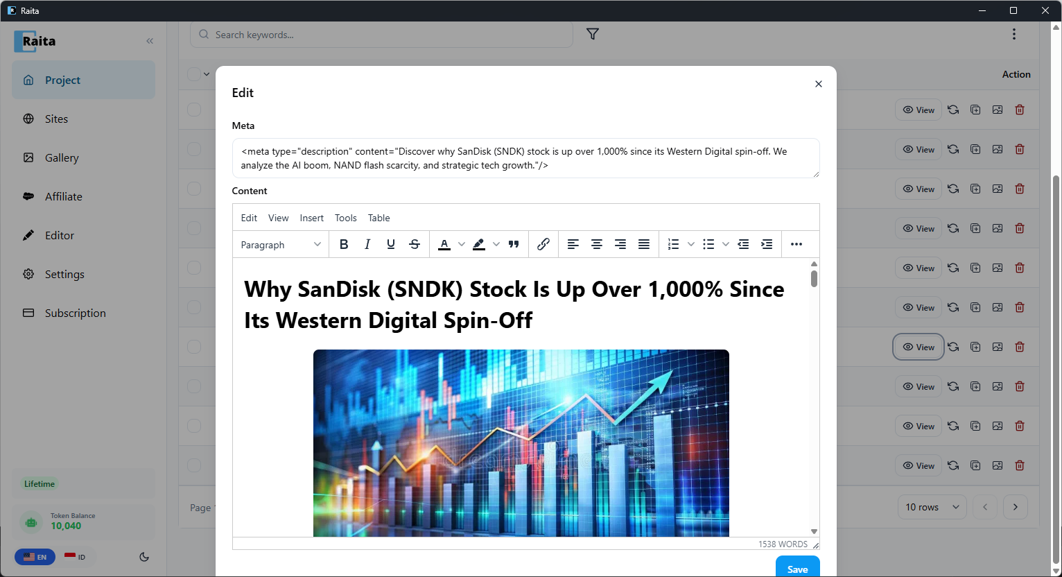 Article editor showing generated image inline