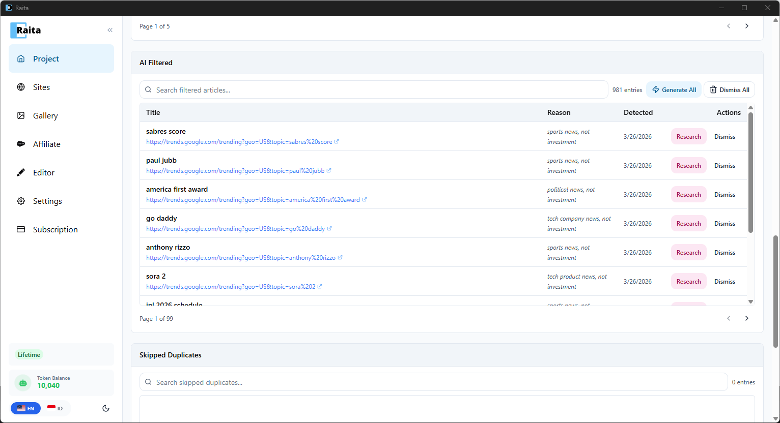 AI Filtered section