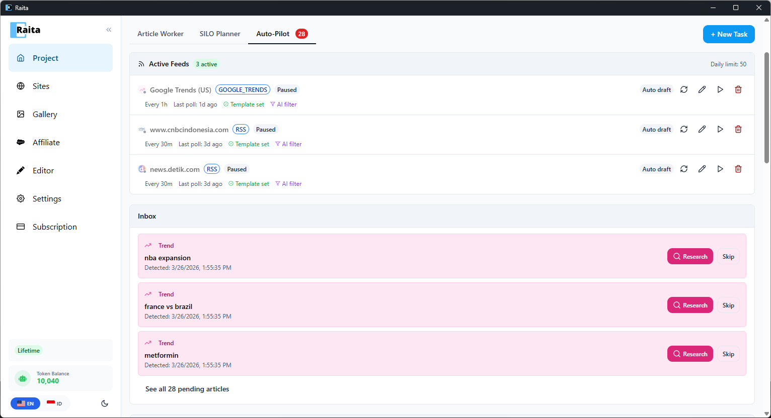 Auto-Pilot dashboard showing Google Trends feed and inbox with Research/Skip actions
