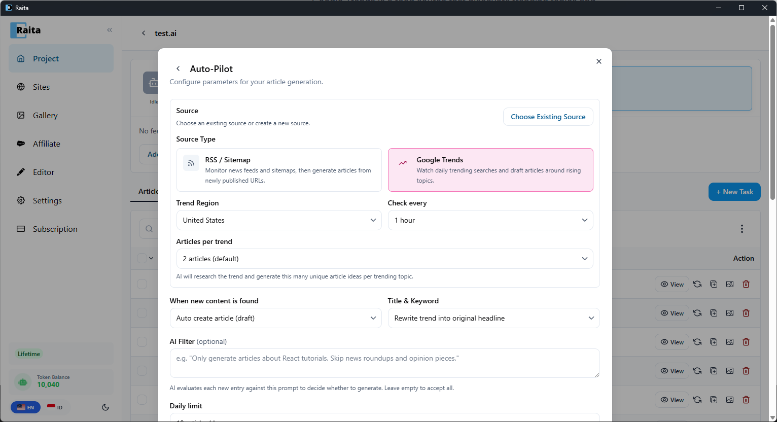 Auto-Pilot form with Google Trends selected