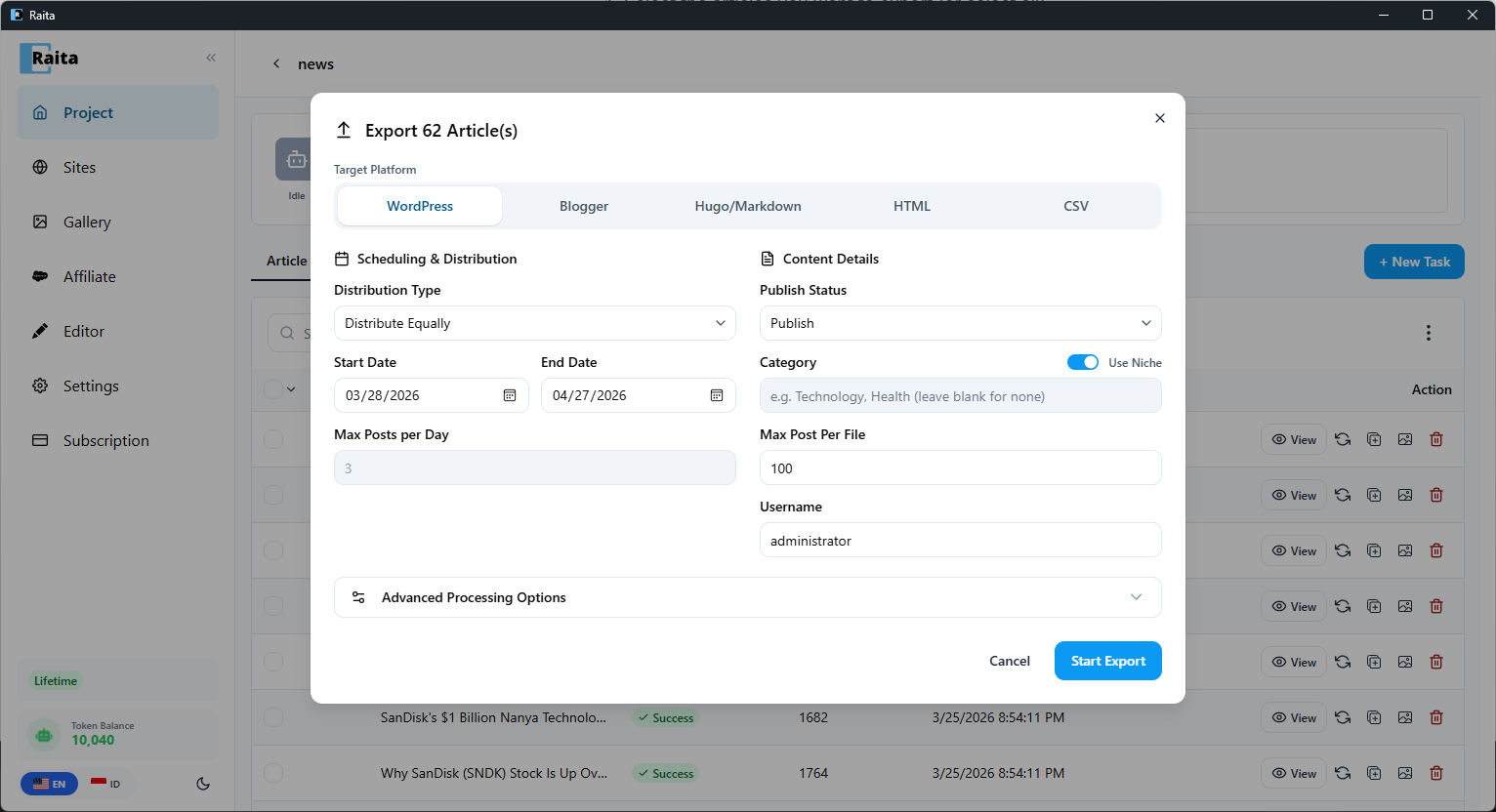 Export dialog with WordPress selected