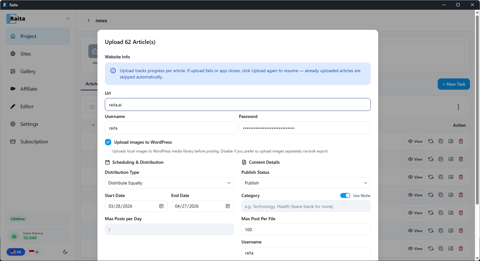WordPress upload dialog with scheduling and distribution options